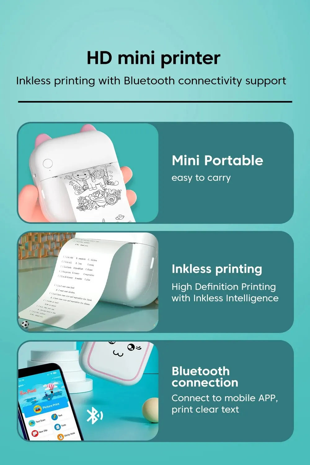 Portable Mini Thermal Photo Printer – Wireless Rechargeable Pocket Printer for Photos, Labels, Notes, Text & Stickers
